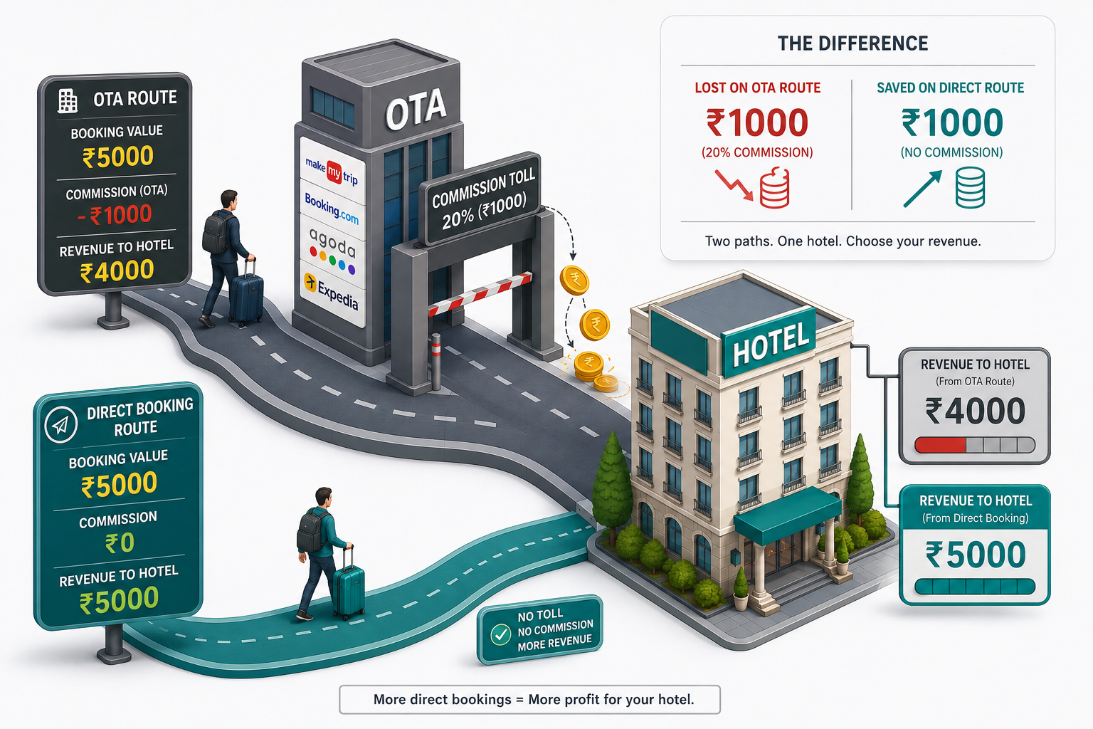 Direct booking path from guest through hotel website and booking engine directly to the hotel with no intermediary step between them.