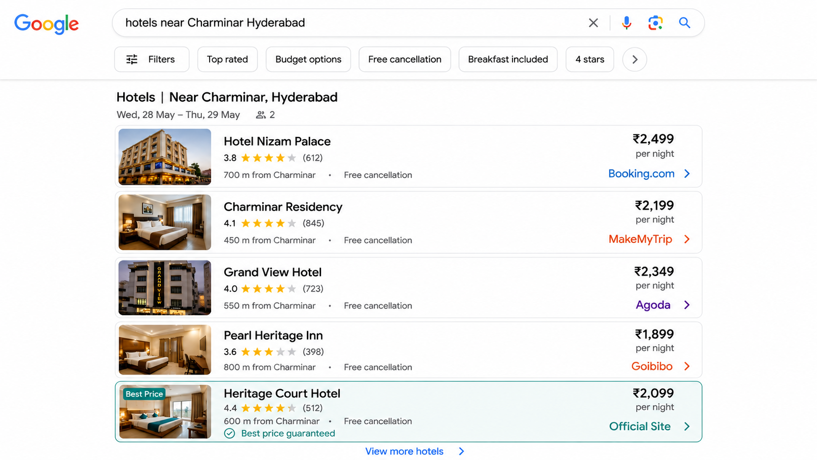Google hotel search results panel showing OTA listings from Booking.com, MakeMyTrip, Agoda, and Goibibo alongside one listing labeled Official Site highlighted in teal.